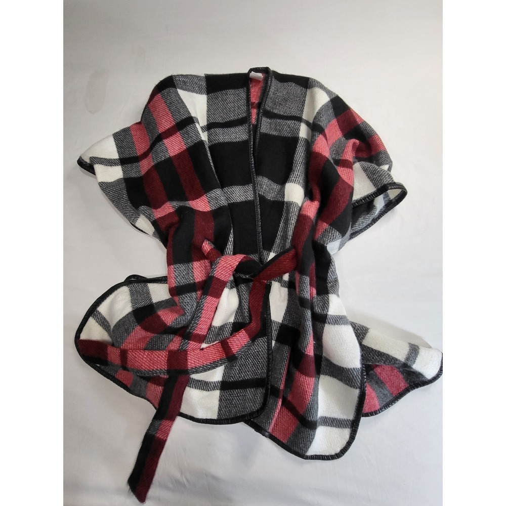 Time and Tru Buffalo Plaid Belted Poncho Cape Red Black White S-M TT203243
